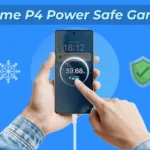 Realme P4 Power phone being used for gaming while charging, showing safe charging and cooling