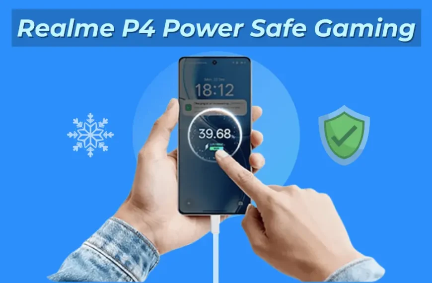 Realme P4 Power phone being used for gaming while charging, showing safe charging and cooling