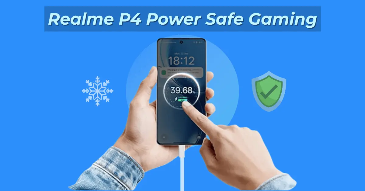 Realme P4 Power phone being used for gaming while charging, showing safe charging and cooling