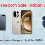 OnePlus Freedom Sale Discounts feature image showing OnePlus smartphone, OnePlus earbuds, and OnePlus tablet