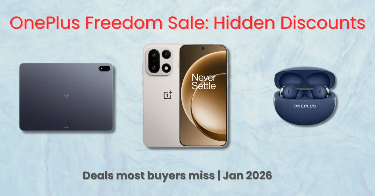 OnePlus Freedom Sale Discounts feature image showing OnePlus smartphone, OnePlus earbuds, and OnePlus tablet