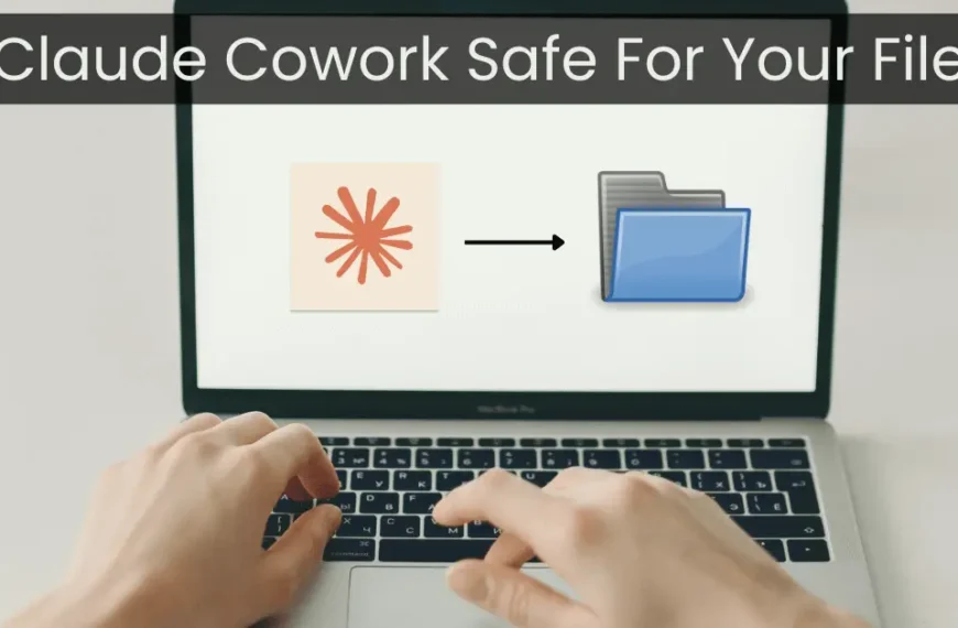 Claude Cowork on a laptop screen showing file and folder access and data safety concept