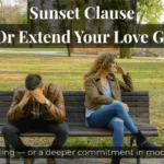 A couple sitting on a park bench showing emotional distance for which a sunset clause relationship is the solution.