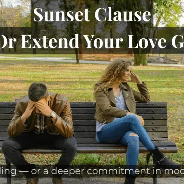 A couple sitting on a park bench showing emotional distance for which a sunset clause relationship is the solution.