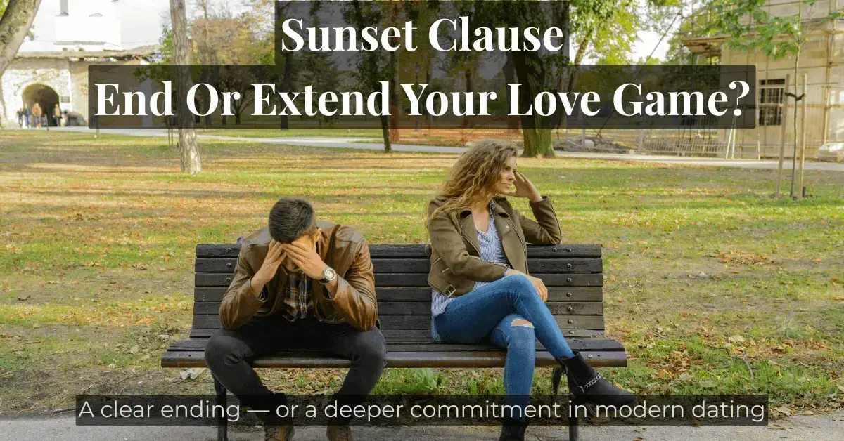 A couple sitting on a park bench showing emotional distance for which a sunset clause relationship is the solution.