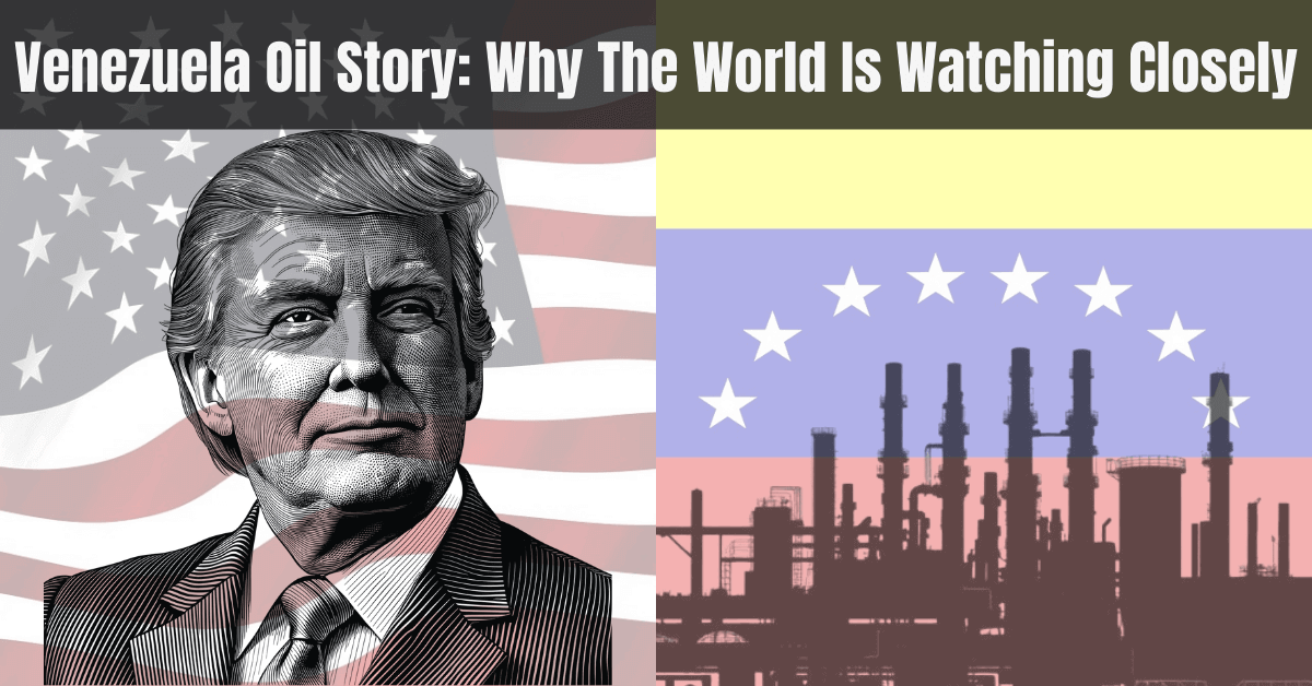 US and Venezuela flags with oil refinery showing Venezuela oil industry and global attention