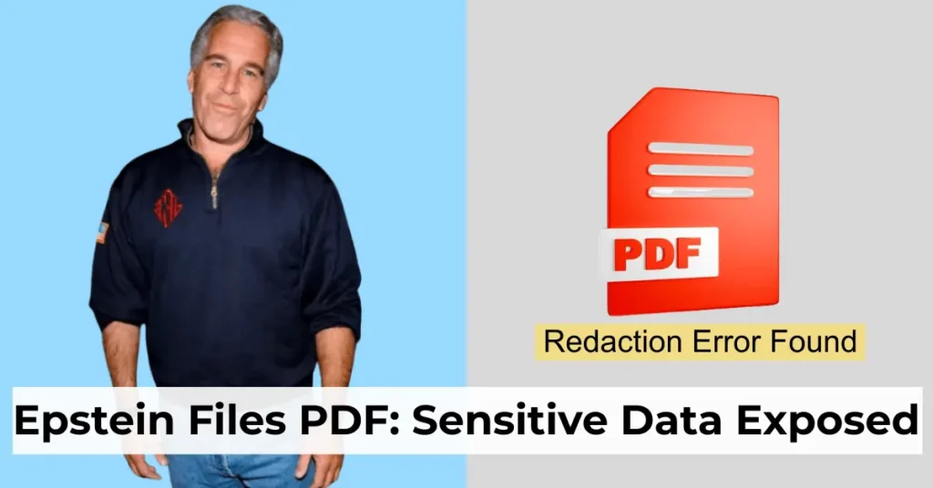 Feature image showing Jeffrey Epstein on one side and a generic Epstein Files PDF file icon with a redaction warning.