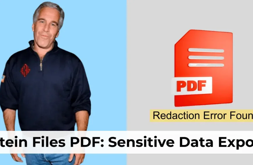 Feature image showing Jeffrey Epstein on one side and a generic Epstein Files PDF file icon with a redaction warning.