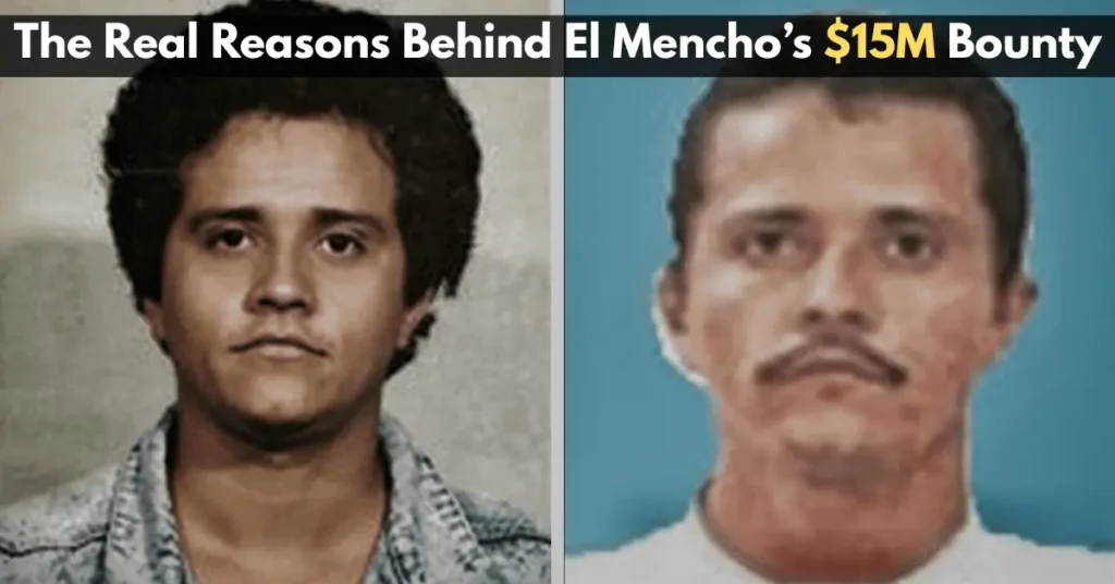 Side by side photos of El Mencho with $15M bounty headline