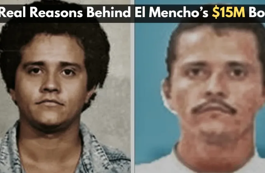 Side by side photos of El Mencho with $15M bounty headline