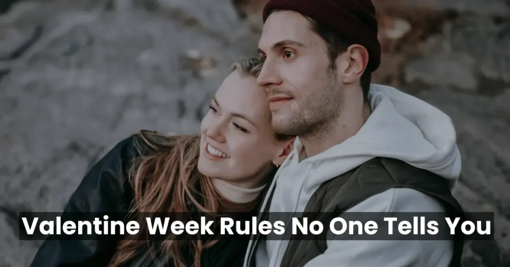 Couple sitting together and smiling, representing real and honest Valentine Week expectations.