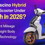 Yamaha Fascino 125 Fi Hybrid 2026 scooter with white body and orange wheels, shown with text about best scooter under ₹1 lakh