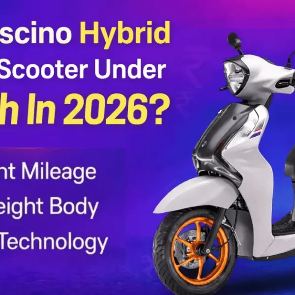 Yamaha Fascino 125 Fi Hybrid 2026 scooter with white body and orange wheels, shown with text about best scooter under ₹1 lakh