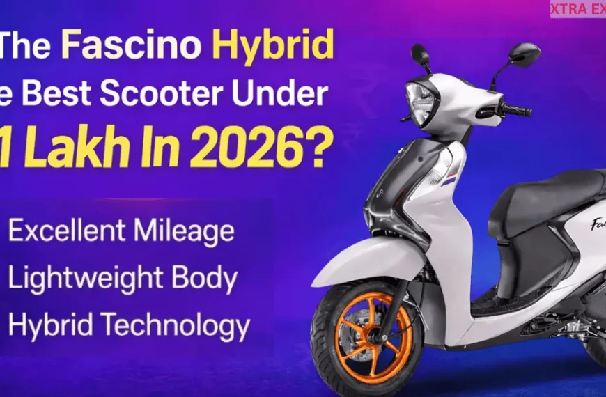 Yamaha Fascino 125 Fi Hybrid 2026 scooter with white body and orange wheels, shown with text about best scooter under ₹1 lakh