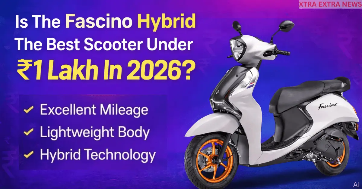 Yamaha Fascino 125 Fi Hybrid 2026 scooter with white body and orange wheels, shown with text about best scooter under ₹1 lakh