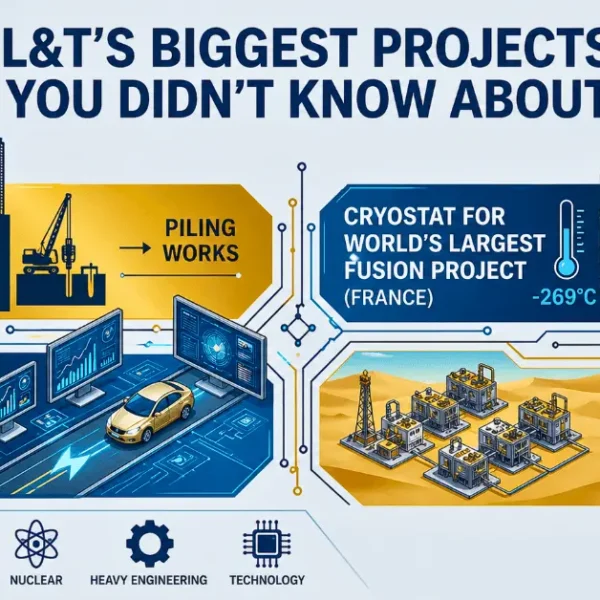 L&T major projects including luxury towers, fusion project, vehicle testing, and gas field work