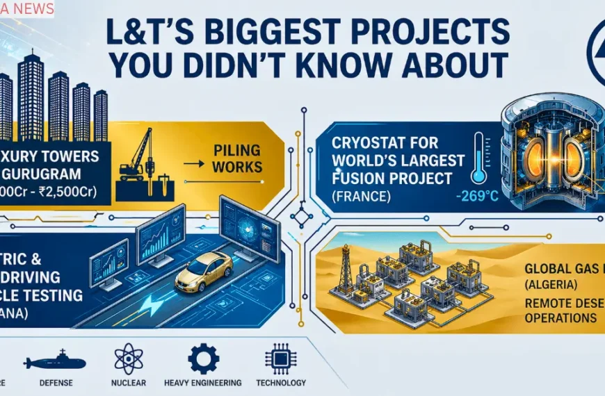 L&T major projects including luxury towers, fusion project, vehicle testing, and gas field work