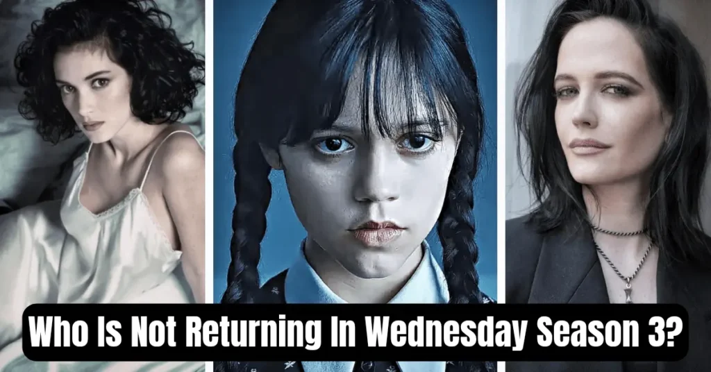 Wednesday Season 3 cast image with Winona Ryder on the left, Jenna Ortega in the center, and Eva Green on the right