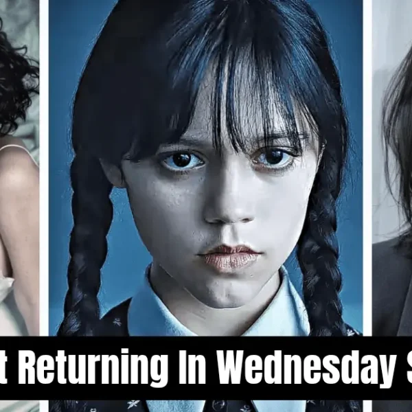 Wednesday Season 3 cast image with Winona Ryder on the left, Jenna Ortega in the center, and Eva Green on the right