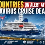 Cruise ship hantavirus outbreak image showing the MV Hondius ship, health worker in protective suit, and warning signs.