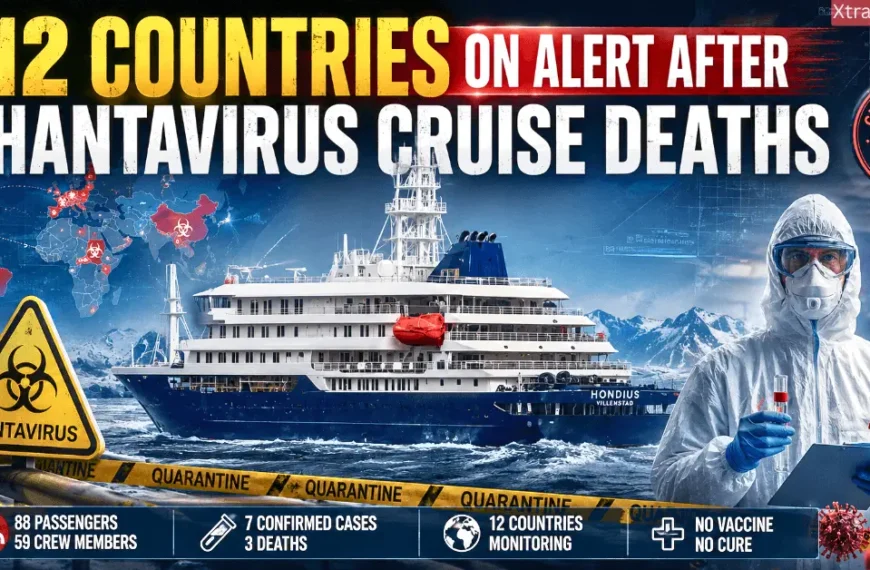 Cruise ship hantavirus outbreak image showing the MV Hondius ship, health worker in protective suit, and warning signs.