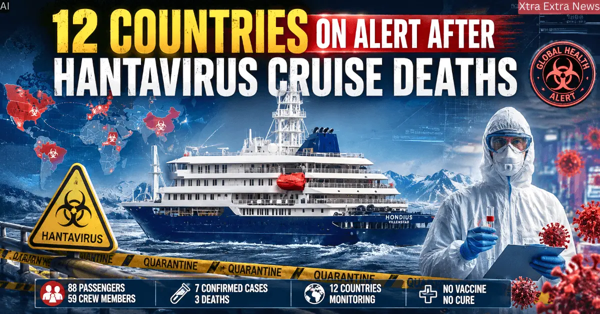Cruise ship hantavirus outbreak image showing the MV Hondius ship, health worker in protective suit, and warning signs.