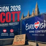Feature image about the Eurovision 2026 boycott showing the Eurovision Vienna 2026 poster, protest message, and discussion about fairness and reforms.