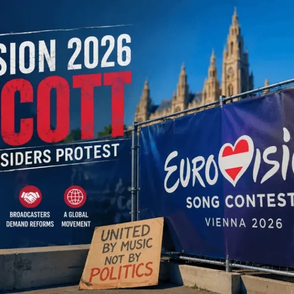 Feature image about the Eurovision 2026 boycott showing the Eurovision Vienna 2026 poster, protest message, and discussion about fairness and reforms.