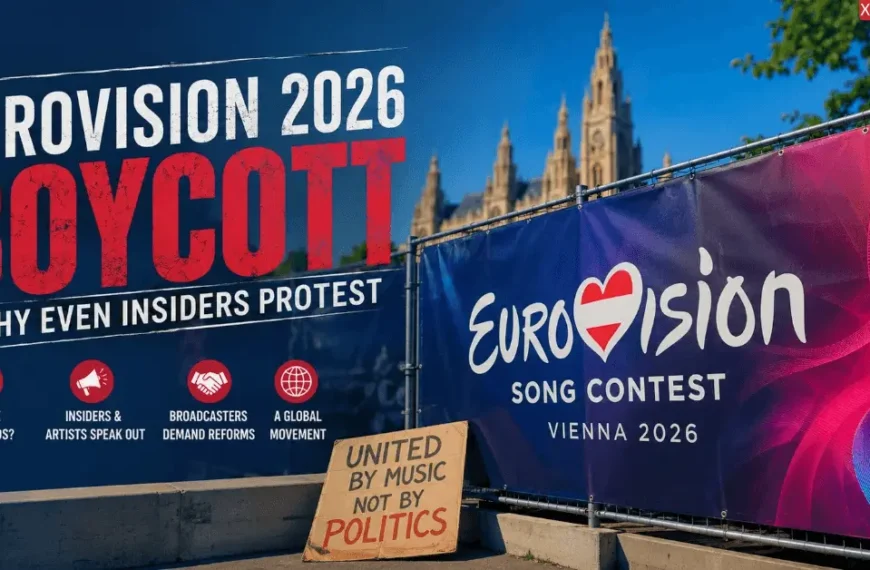 Feature image about the Eurovision 2026 boycott showing the Eurovision Vienna 2026 poster, protest message, and discussion about fairness and reforms.