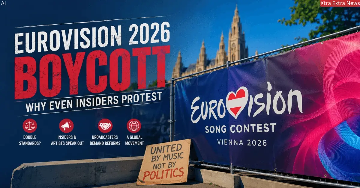 Feature image about the Eurovision 2026 boycott showing the Eurovision Vienna 2026 poster, protest message, and discussion about fairness and reforms.