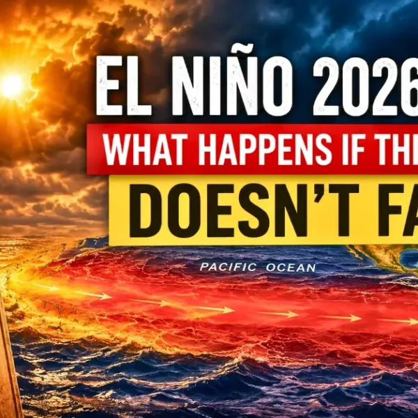 El Nino 2026-2027 feature image showing a high temperature thermometer and very warm Pacific Ocean water