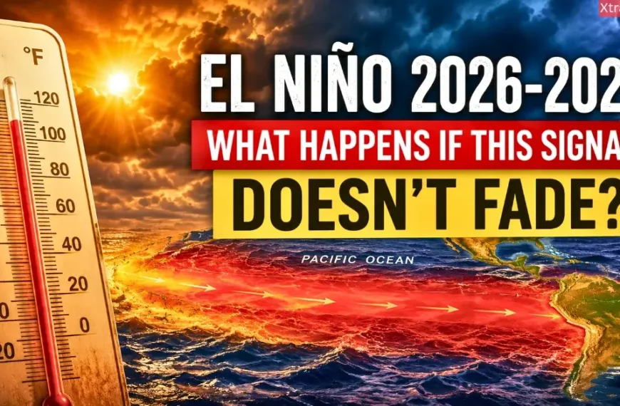 El Nino 2026-2027 feature image showing a high temperature thermometer and very warm Pacific Ocean water