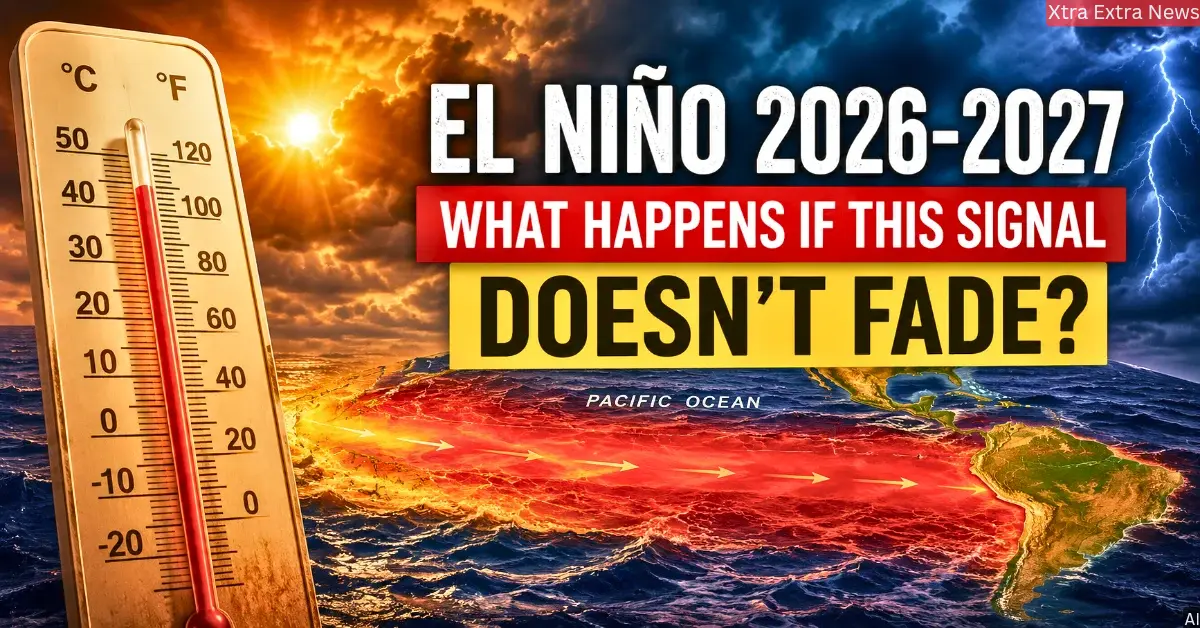 El Nino 2026-2027 feature image showing a high temperature thermometer and very warm Pacific Ocean water