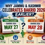 Feature image showing why Jammu and Kashmir celebrates Bakrid 2026 on May 27 while most of India celebrates on May 28 due to a difference in moon sighting.