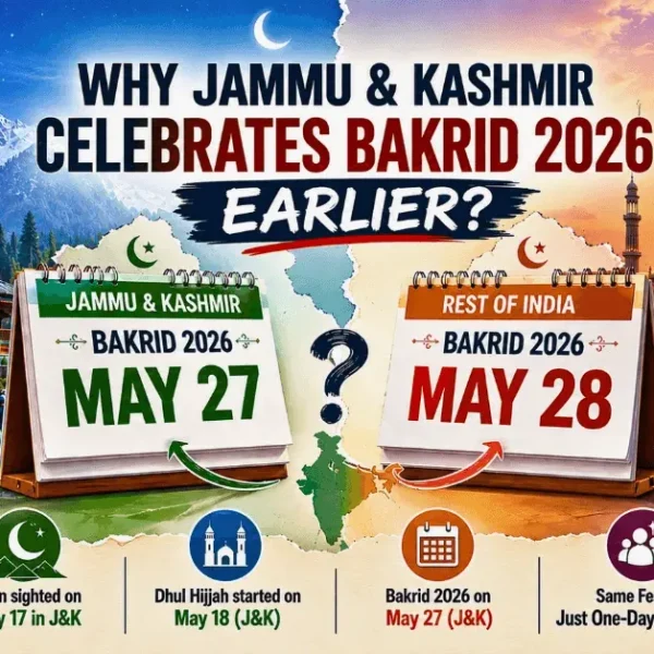 Feature image showing why Jammu and Kashmir celebrates Bakrid 2026 on May 27 while most of India celebrates on May 28 due to a difference in moon sighting.