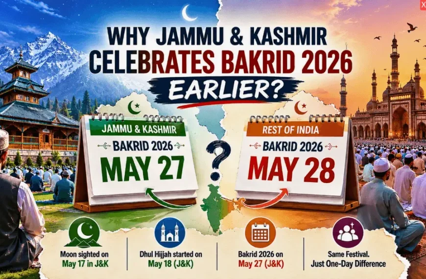 Feature image showing why Jammu and Kashmir celebrates Bakrid 2026 on May 27 while most of India celebrates on May 28 due to a difference in moon sighting.