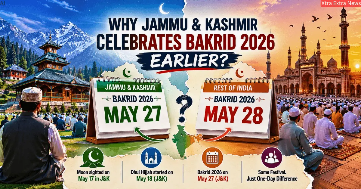 Feature image showing why Jammu and Kashmir celebrates Bakrid 2026 on May 27 while most of India celebrates on May 28 due to a difference in moon sighting.