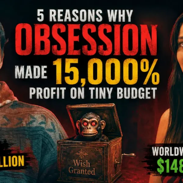 Bear and Nikki from Obsession movie with text about 15,000 percent profit from a small budget