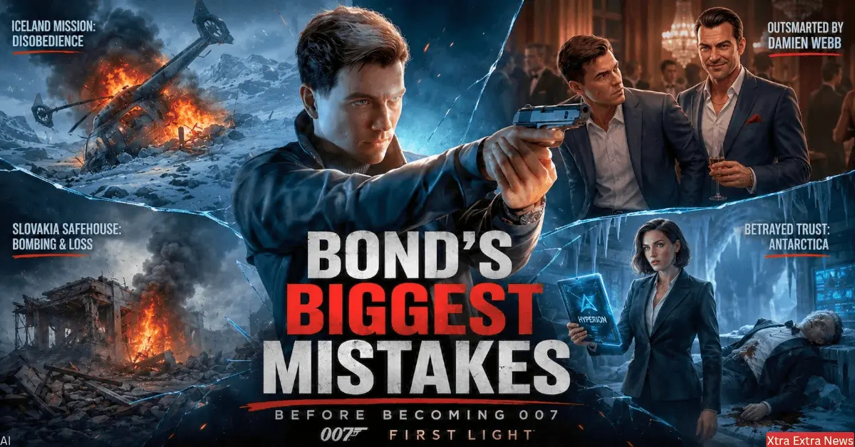Alt Text: James Bond in 007 First Light with scenes showing his biggest mistakes before becoming 007, including Iceland, Slovakia, Damien Webb, and Isola Vale.