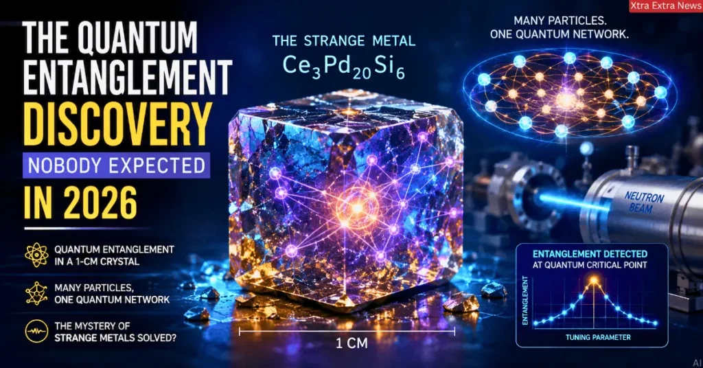 Quantum entanglement inside a strange metal crystal showing many particles connected through a large quantum network.