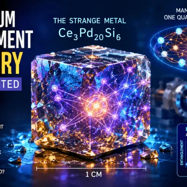 Quantum entanglement inside a strange metal crystal showing many particles connected through a large quantum network.