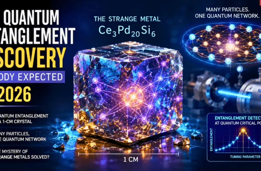 Quantum entanglement inside a strange metal crystal showing many particles connected through a large quantum network.