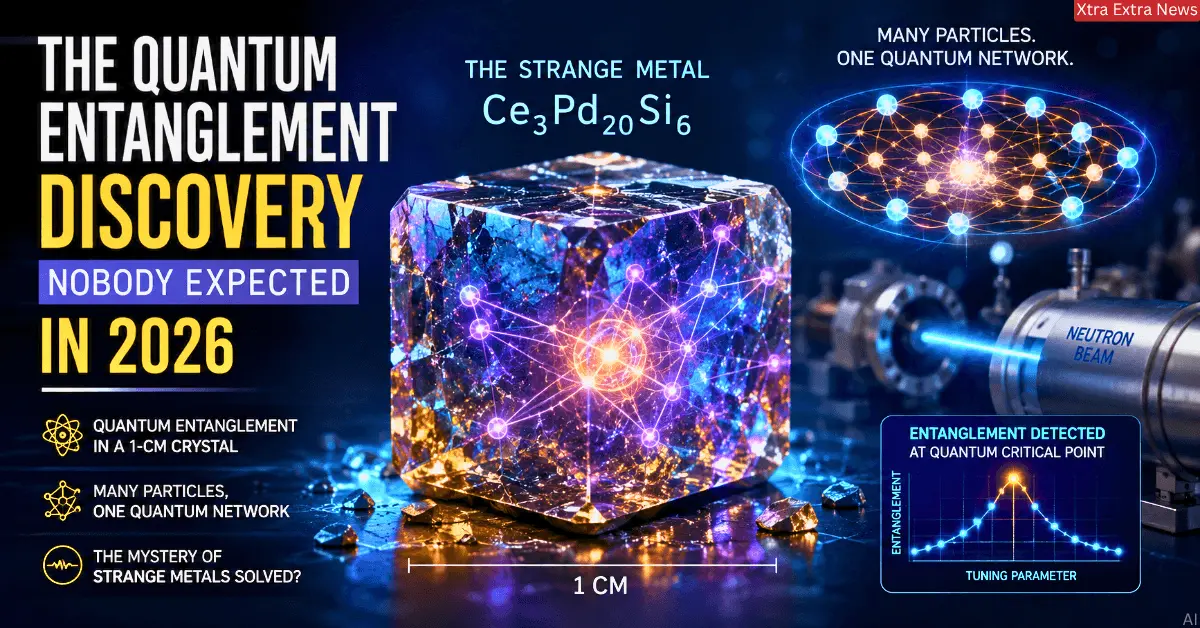 Quantum entanglement inside a strange metal crystal showing many particles connected through a large quantum network.