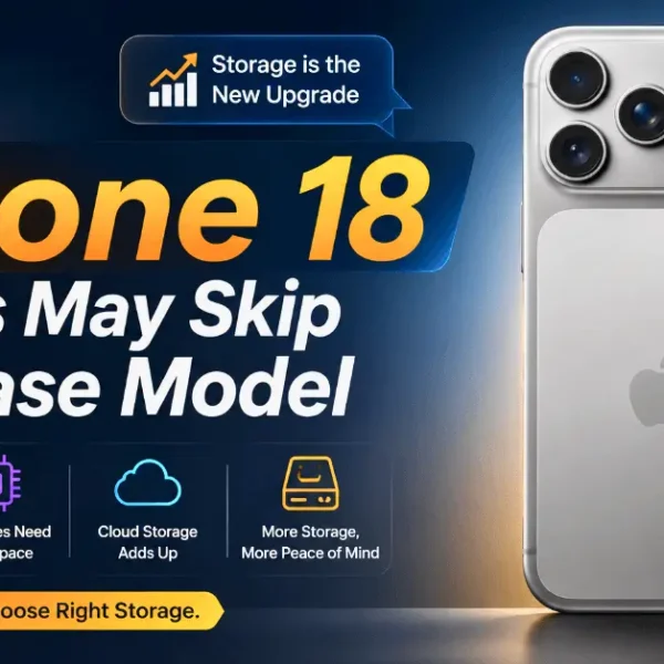Apple iPhone 18 Pro with a message explaining why some buyers may choose a larger storage option instead of the base model