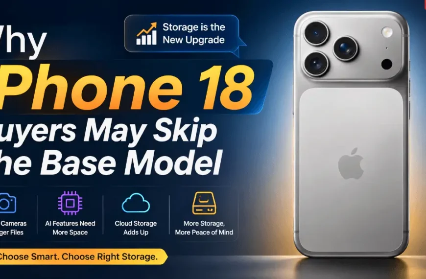 Apple iPhone 18 Pro with a message explaining why some buyers may choose a larger storage option instead of the base model