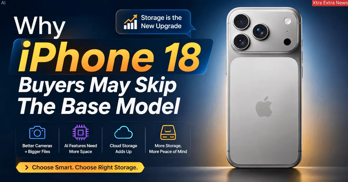 Apple iPhone 18 Pro with a message explaining why some buyers may choose a larger storage option instead of the base model