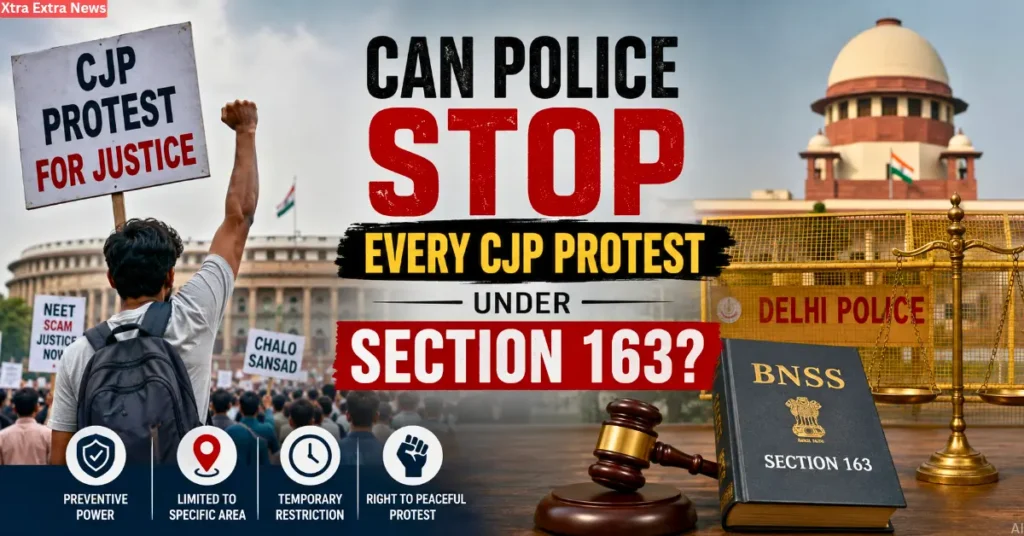 Police barricade and protesters with Section 163 BNSS rules for the CJP protest in Delhi.