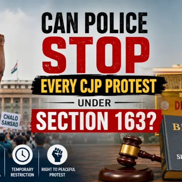 Police barricade and protesters with Section 163 BNSS rules for the CJP protest in Delhi.