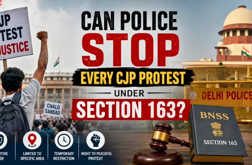 Police barricade and protesters with Section 163 BNSS rules for the CJP protest in Delhi.