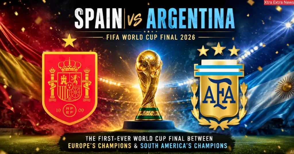 Spain vs Argentina FIFA World Cup Final 2026 feature image with the Spain and Argentina team logos and the FIFA World Cup trophy.